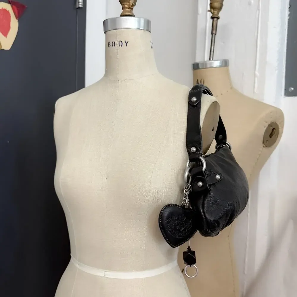 Vintage Y2K Juicy Couture USA Made Black Leather baguette Hobo Bag Heart Charm